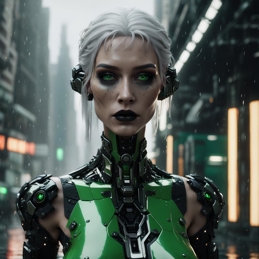 Dystopian Woman with Crystal Skin in Rainy City