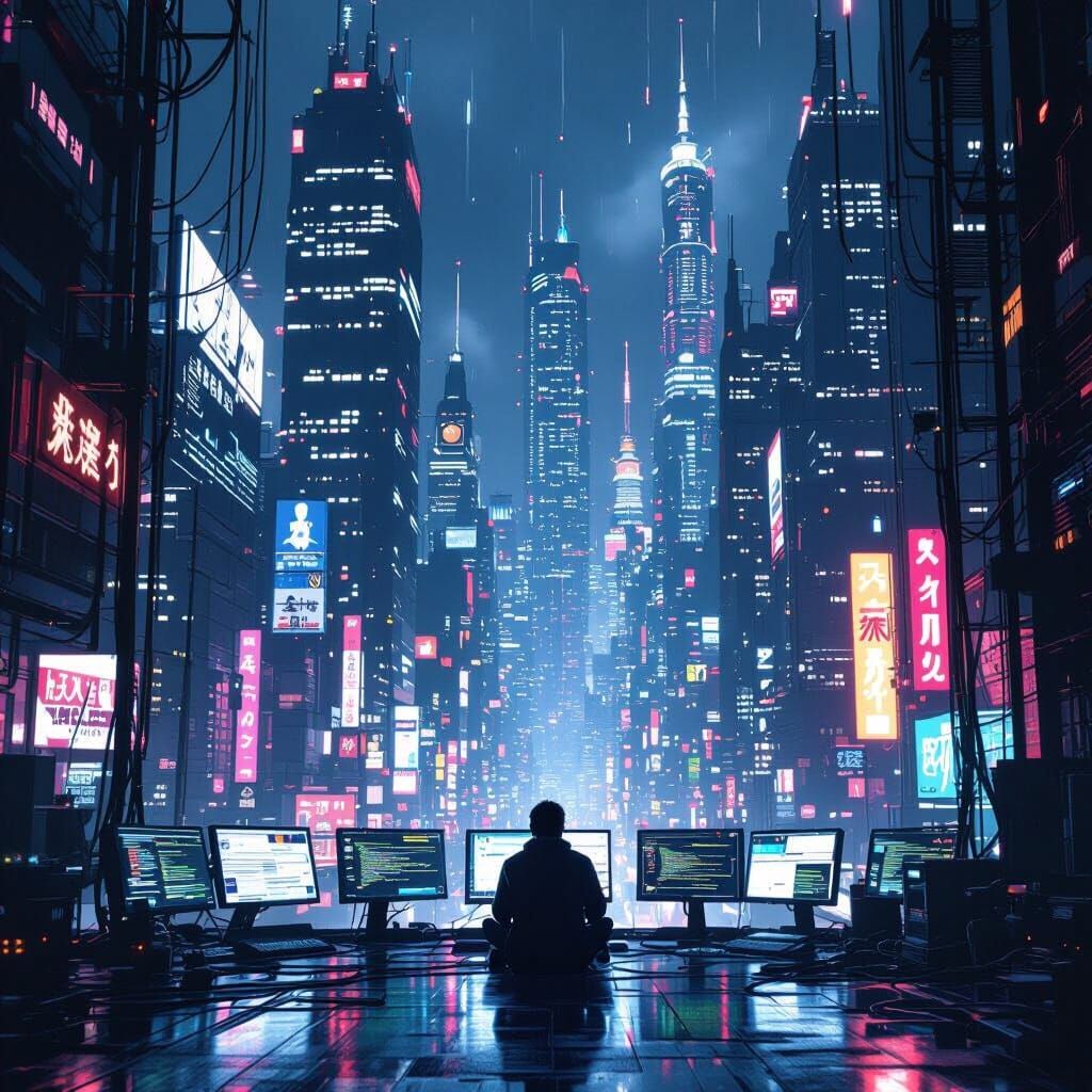 Futuristic Cityscape at Night: Hacker Cracking Code