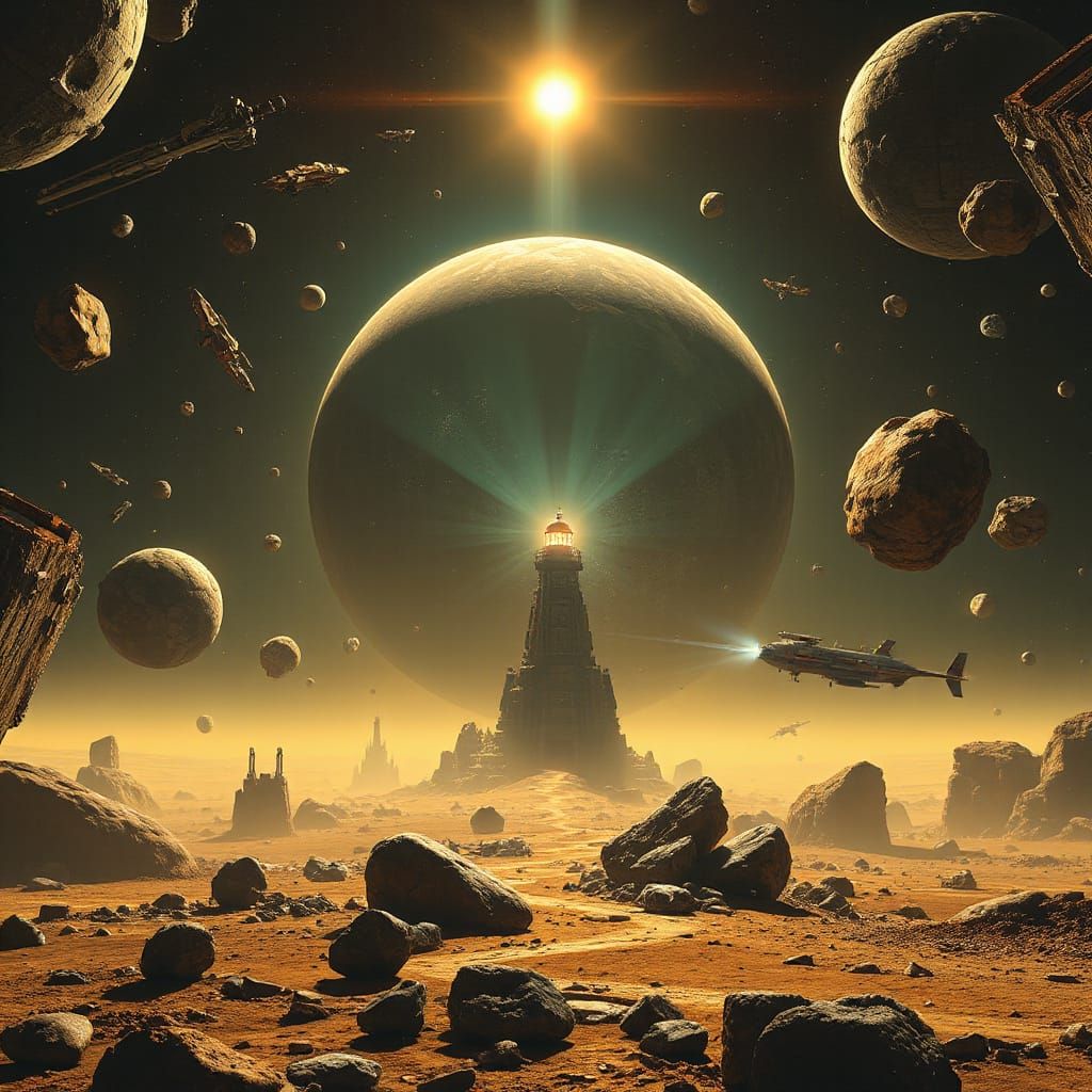 Giant Lighthouse Navigates Asteroid Belt in Retro-Futuristic...