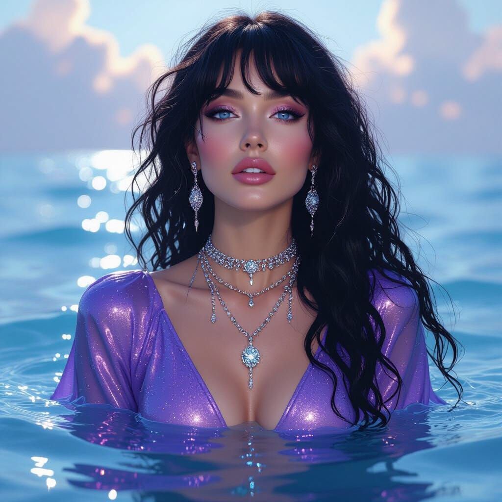 Cosmic Woman Rising from Water in Dreamy Style