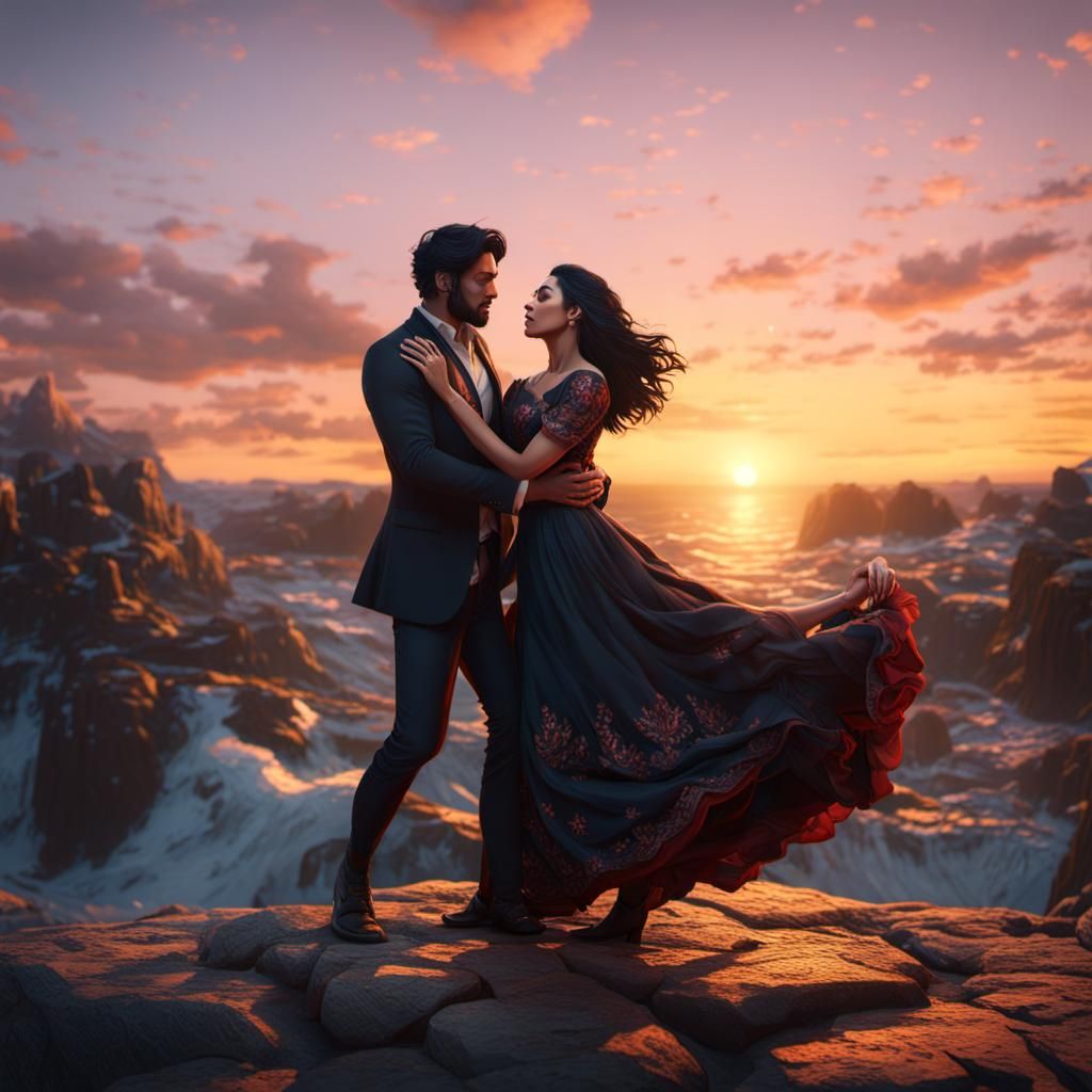 Woman Falling in Love at Sunset: Detailed Matte Painting
