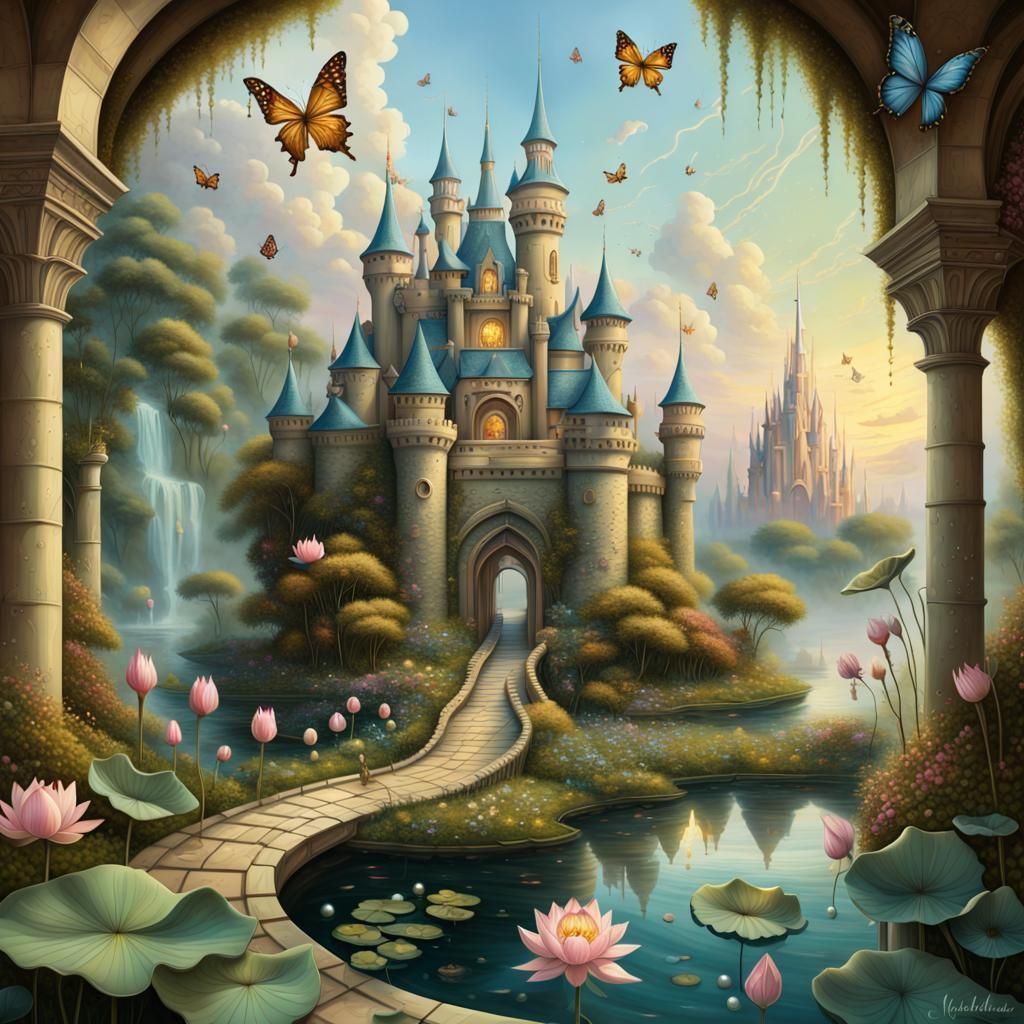 Surreal Fantasy Castle with Lotus Gardens