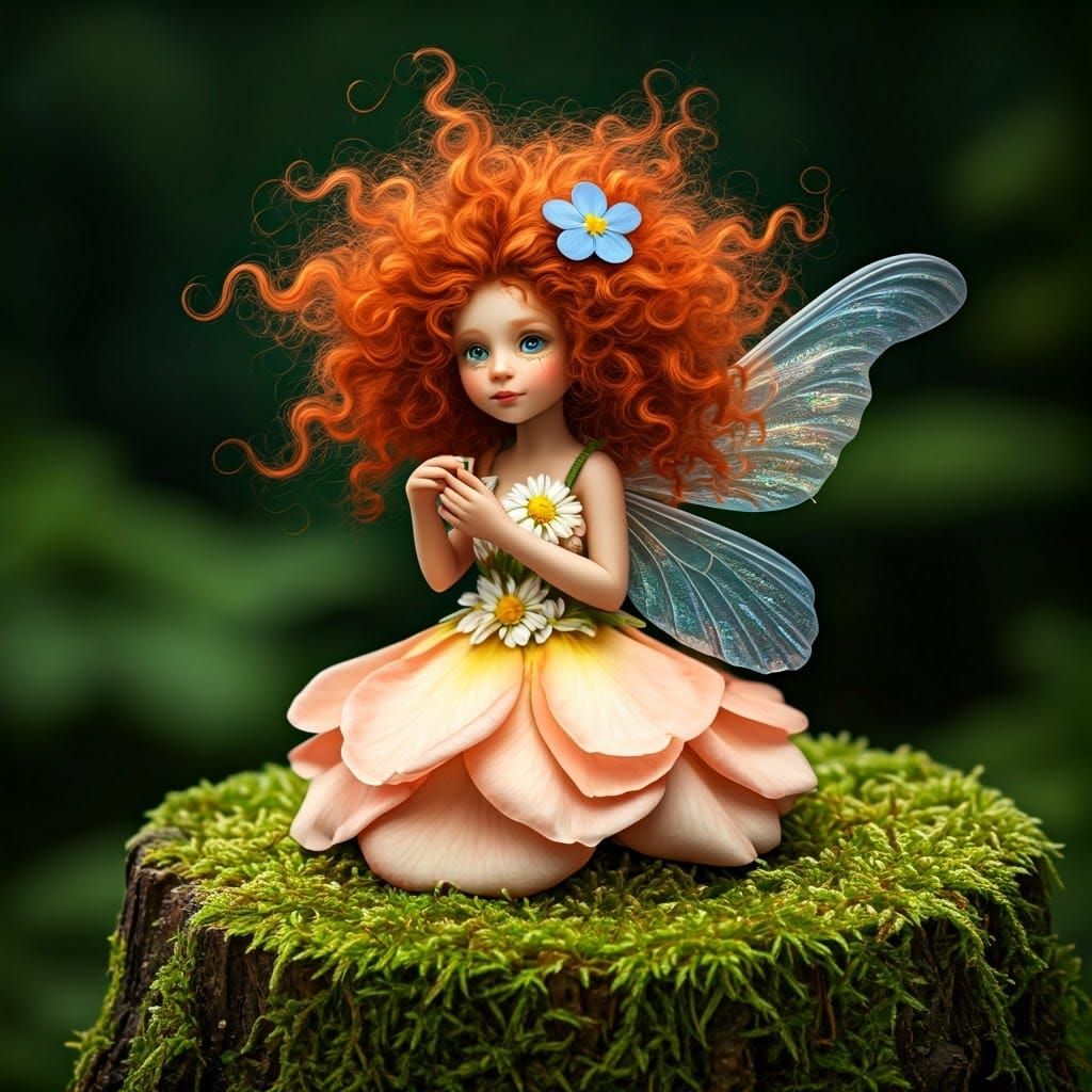 Red-Haired Fairy on Mossy Stump, Whimsical Art