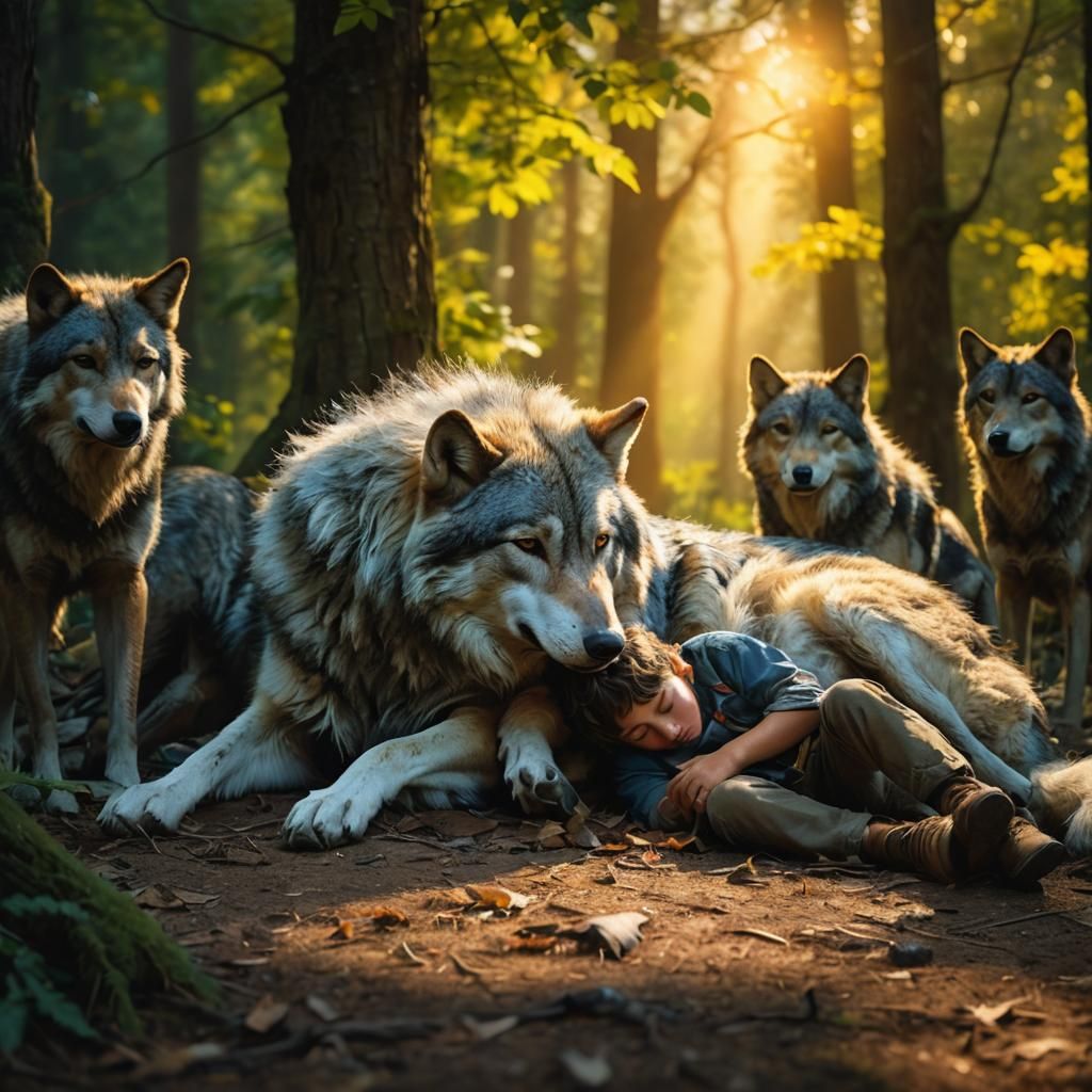 Boy Sleeping with Wolves in Golden Forest