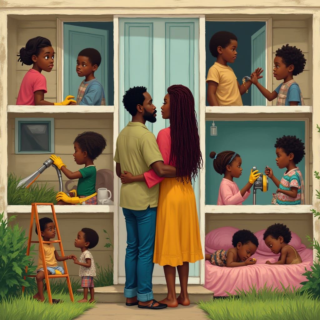 Family Collage with Children Doing Chores in Vibrant Colors