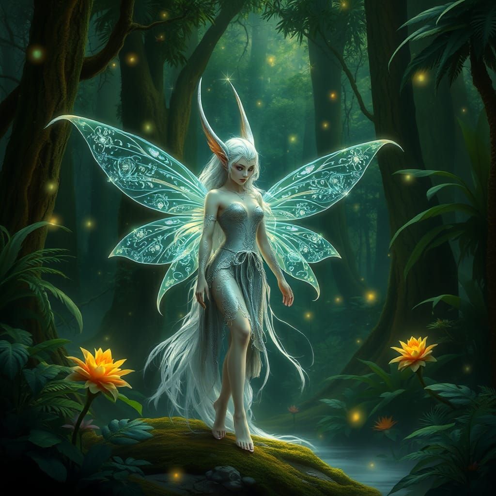 Starlit Fairy Elf in Rainforest, Dreamlike Art