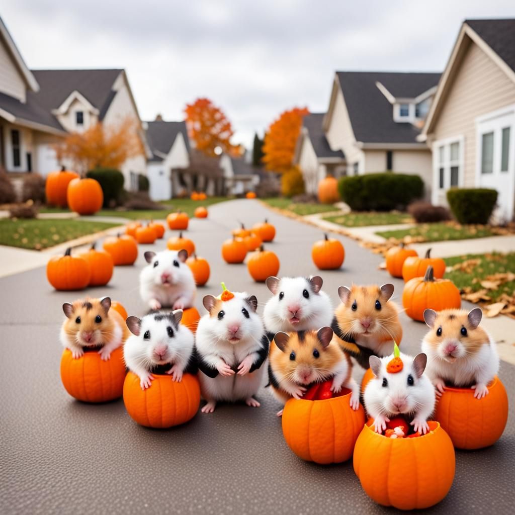 Ninja Hamsters Trick-or-Treating on Halloween Night