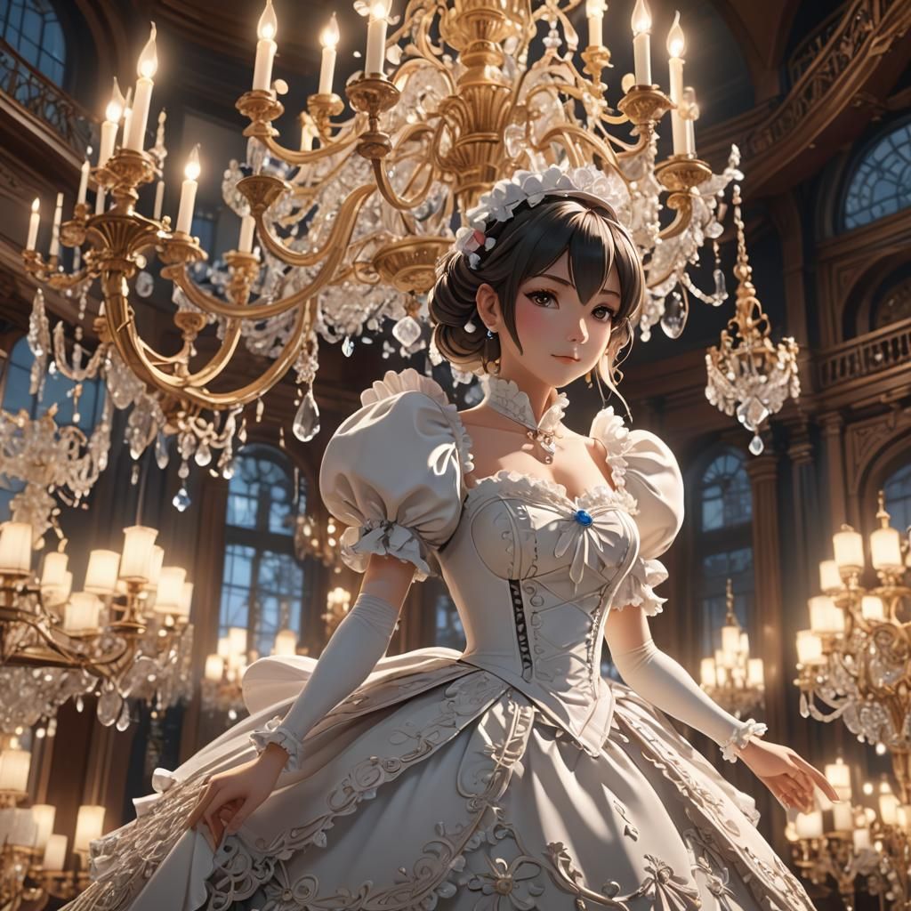 Anime Maid Cleans Chandelier in Lavish Gown