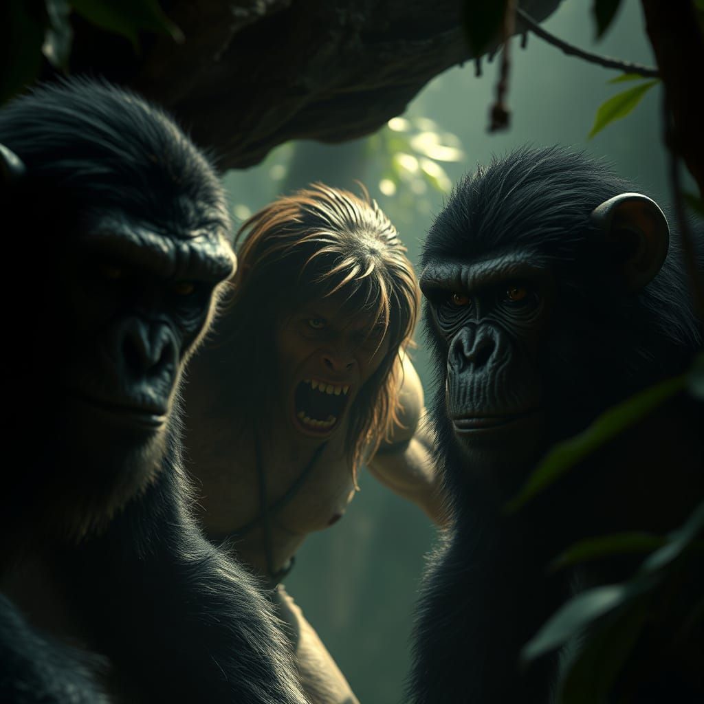 Fierce Tarzan and Ape Companions Emerge from Darkness