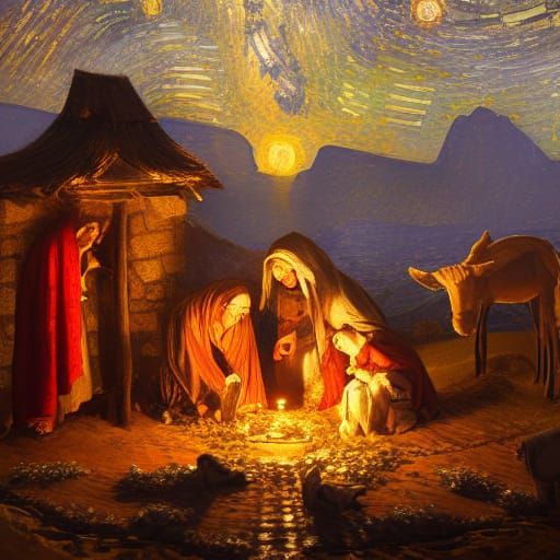 Detailed Nativity Scene in Gouache Impasto Style