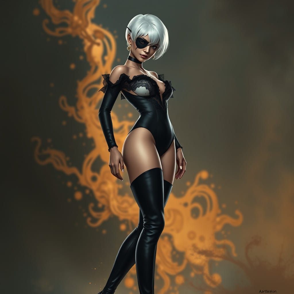 Sleek Woman in Black and White Leotard with Thigh High Boots...