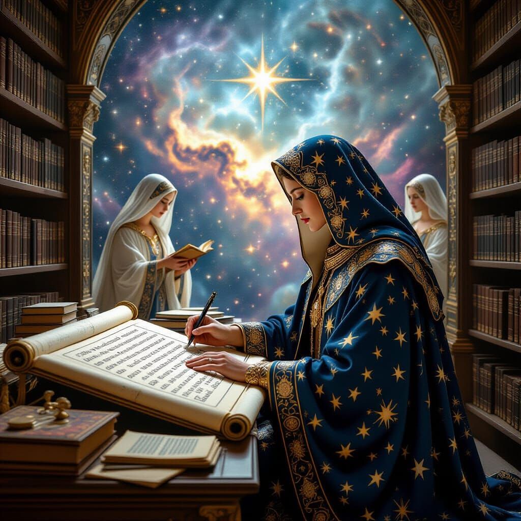 Celestial Scribe Inscribing Glyphs in Cosmic Library