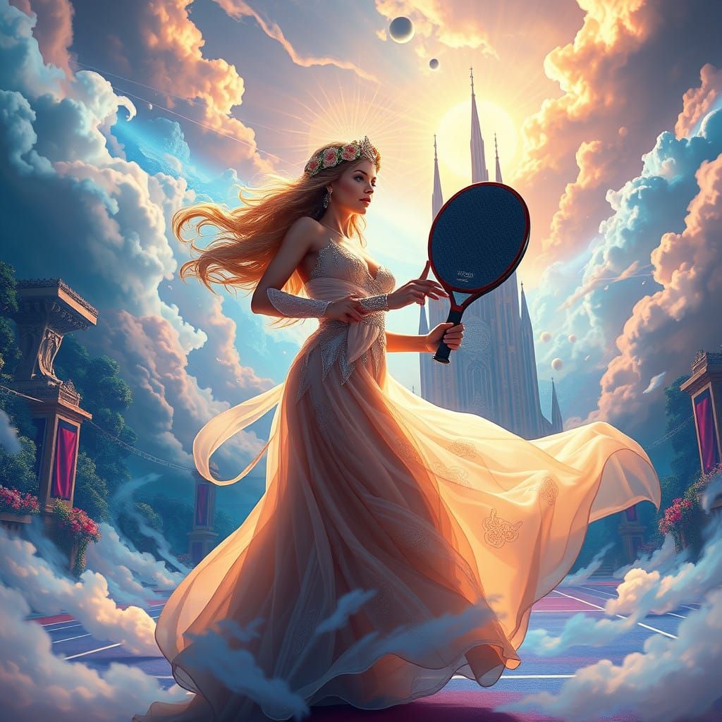 Goddess of Pickleball in Dreamlike Landscape