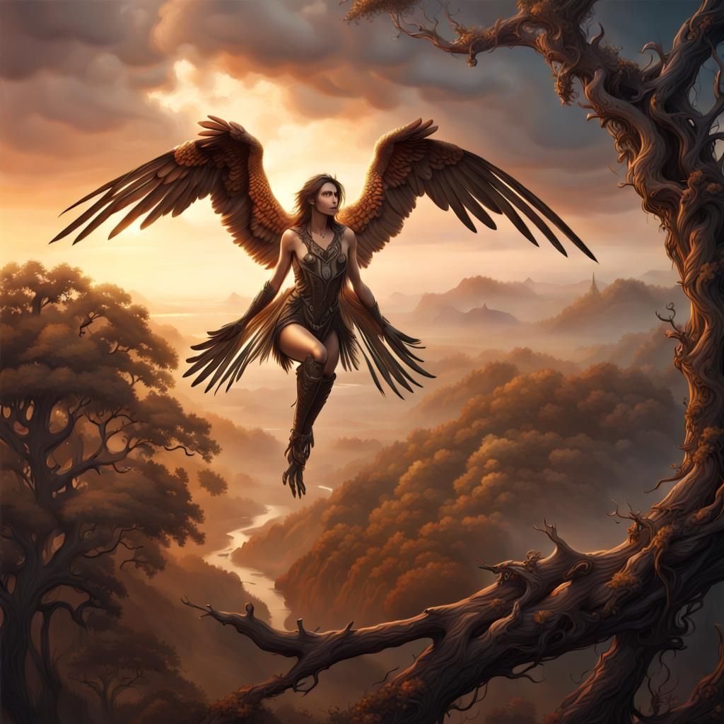 Beautiful Harpy in Tree at Sunrise, Digital Painting