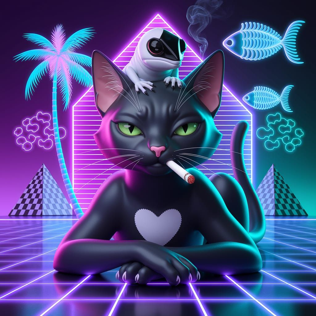 Cyberpunk Anime Cat Smoking with Lizard Companion