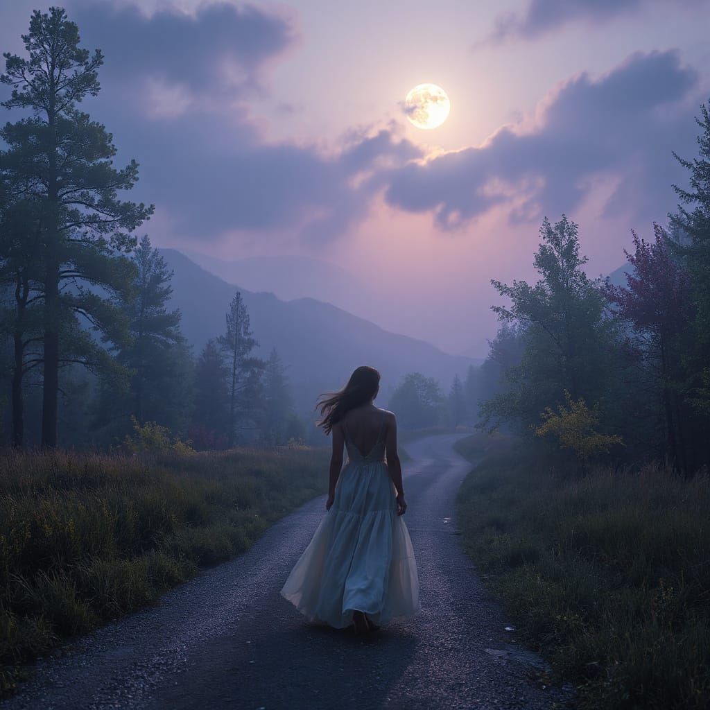 Mystical Moonlit Road in Dark Fantasy Style