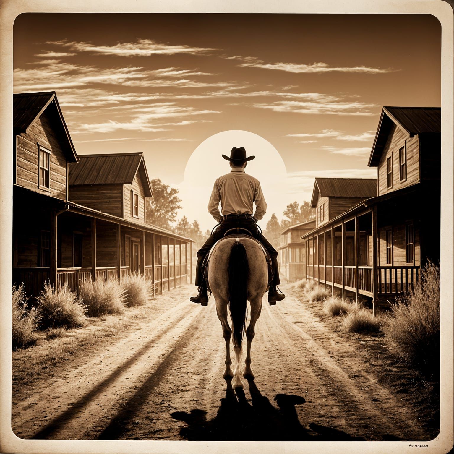 Cowboy Rides into Town in Vintage Sepia Tone