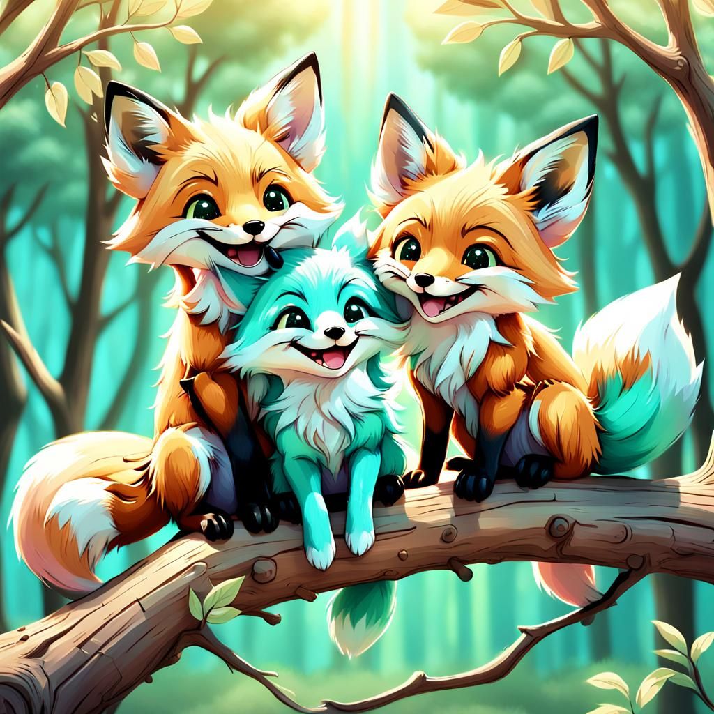 Laughing Foxes in Anime Chibi Style