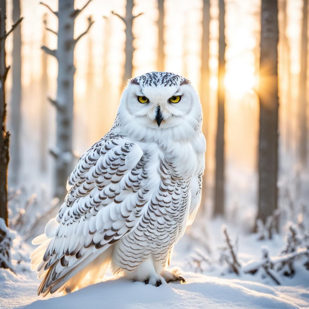 Snowy Owl Portrait in Winter Forest Sunrise