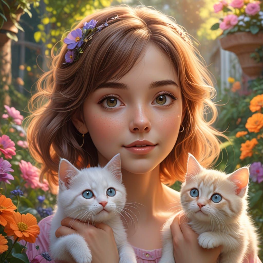 Anime Girl with Kittens: Kawaii Oil Painting
