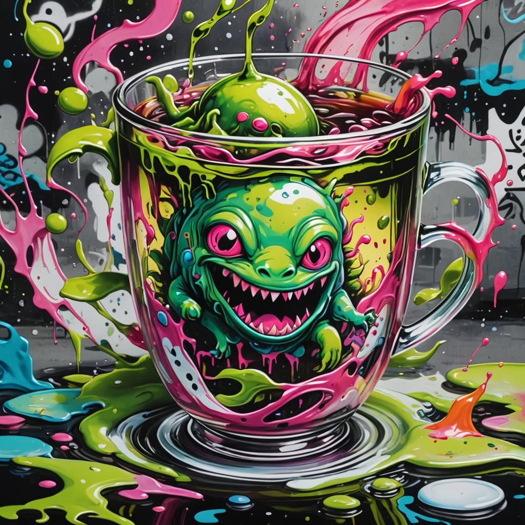Mini Monster in Tea Cup: Vibrant Street Art