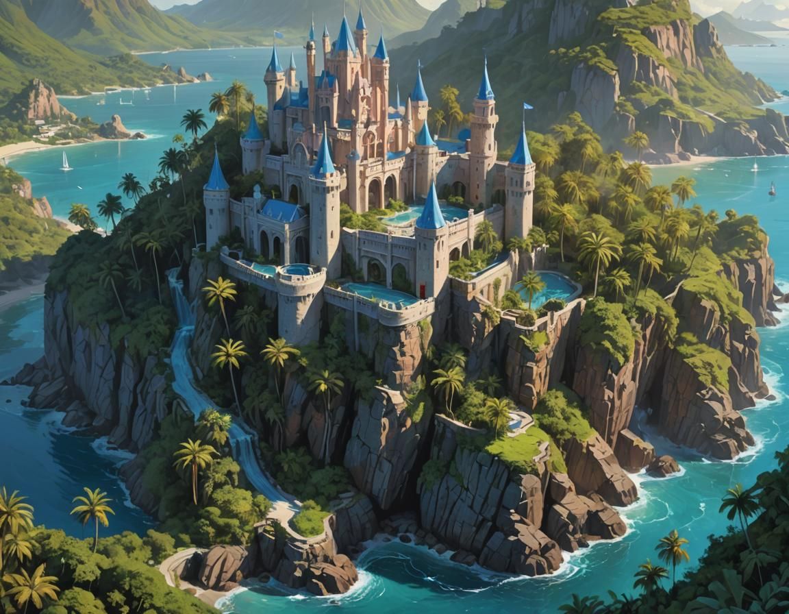 Island Castle in Digital Matte Painting Style