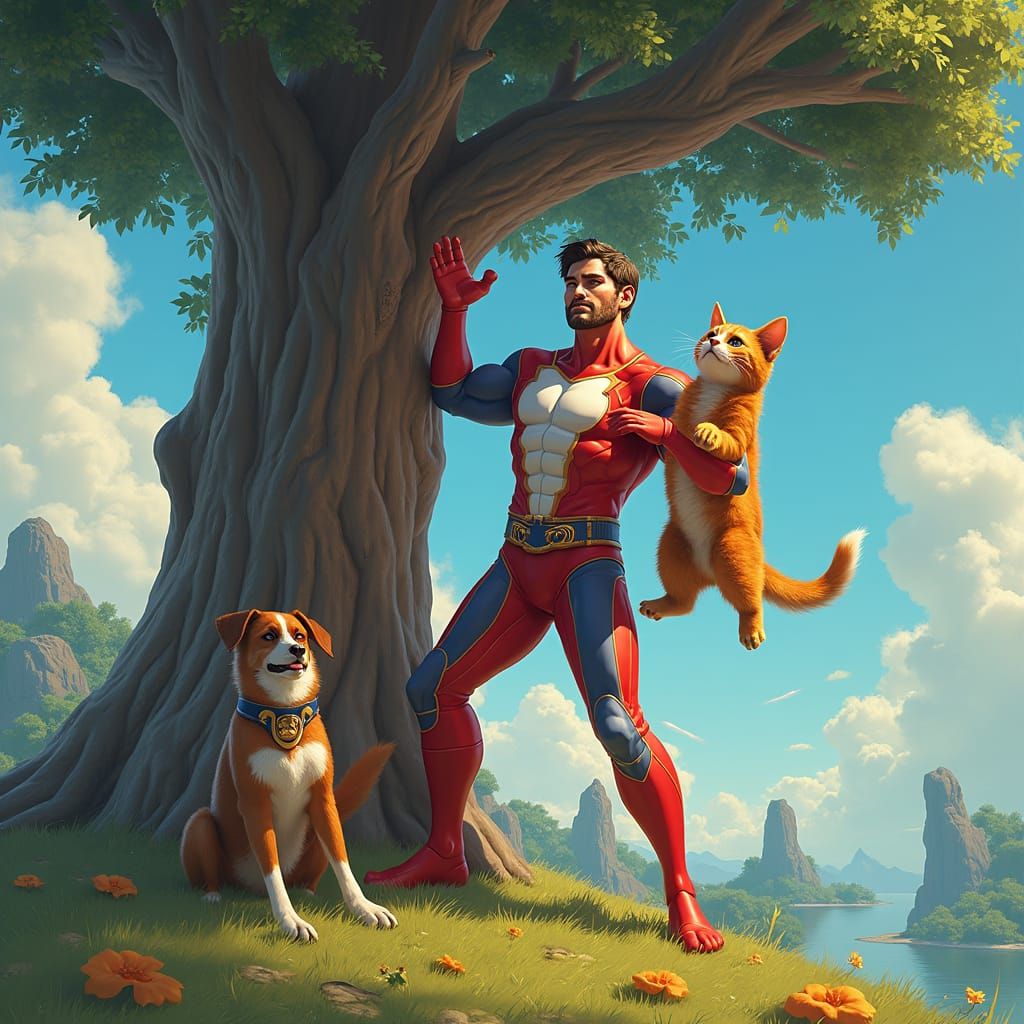 Art Deco Superhero Rescues Cat, Comic Book Style