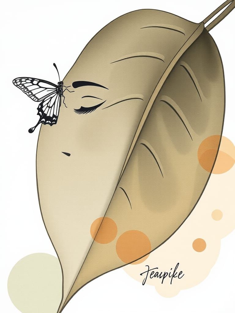 Minimalist Line Art Face with Butterfly and Leaf