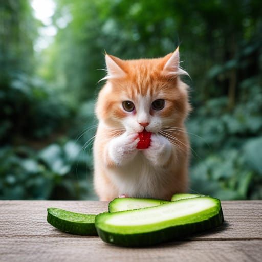 Cat Enjoys Cucumber: Manga-Inspired Photo