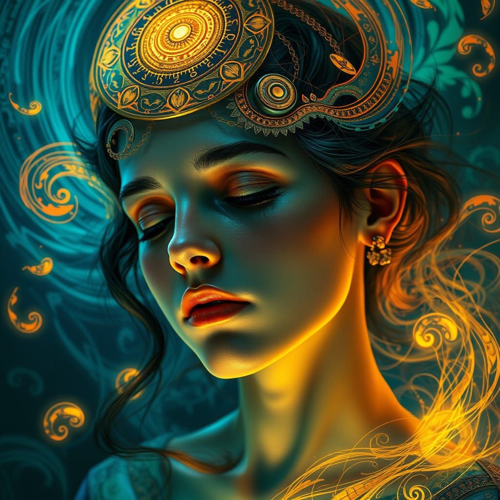 Enchanted Hypnosis Portrait with Ethereal Patterns and Reali...