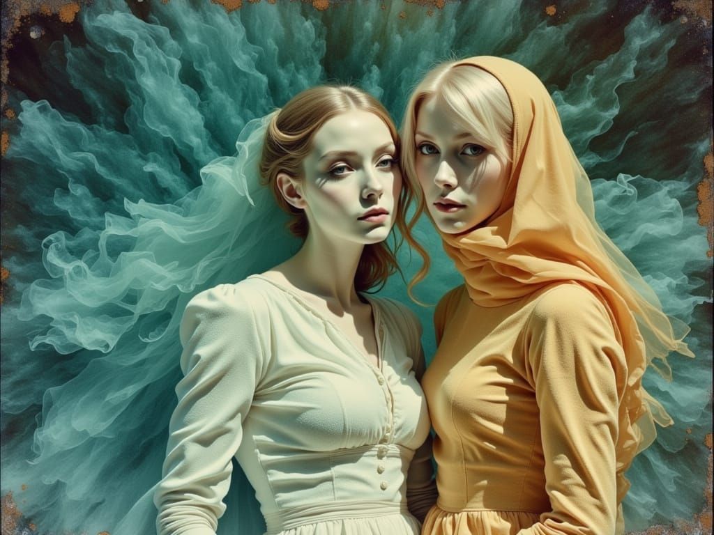 Despairing Woman in Grey-Blue and Teal