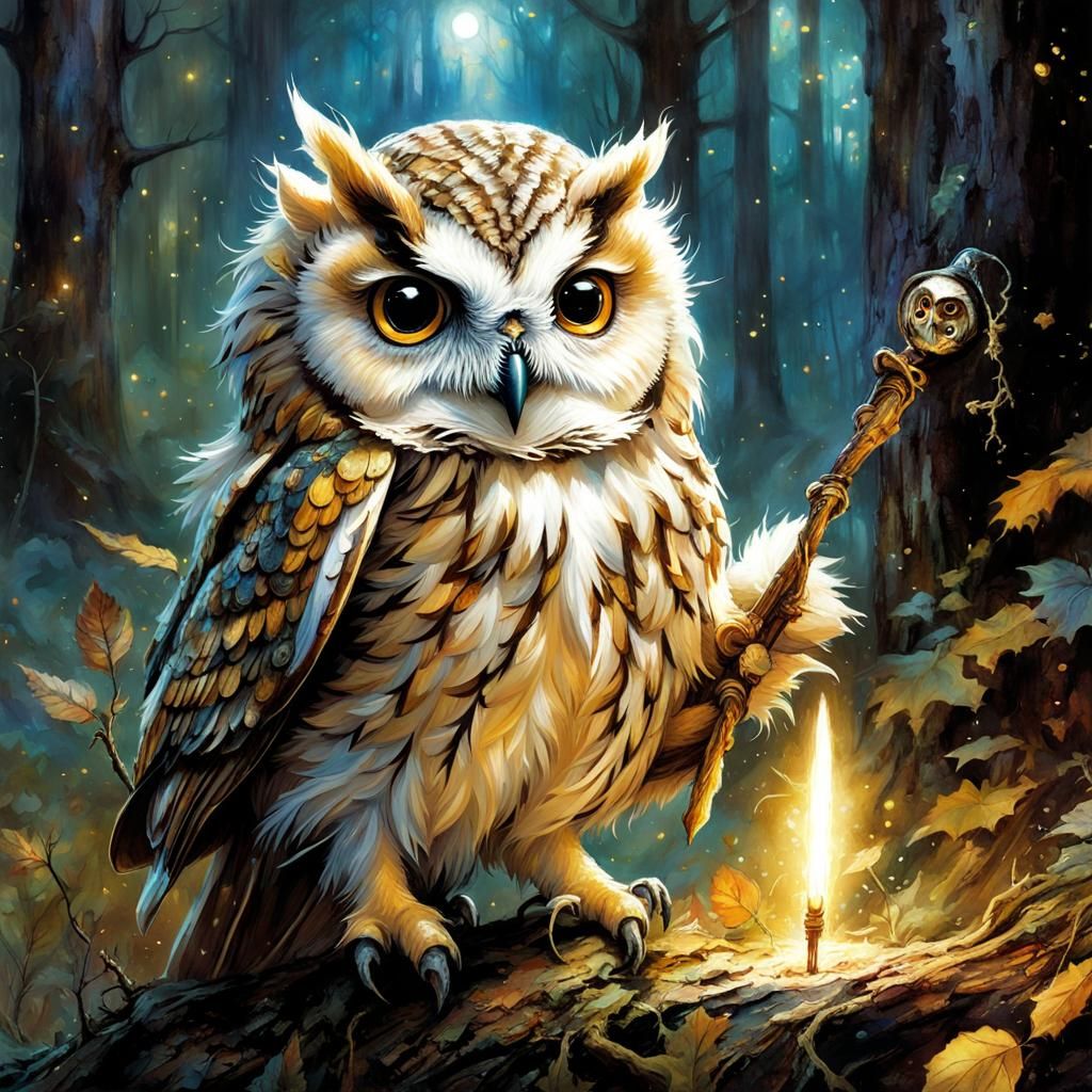 Super Cute Owl Wizard Casting Spell in Forest