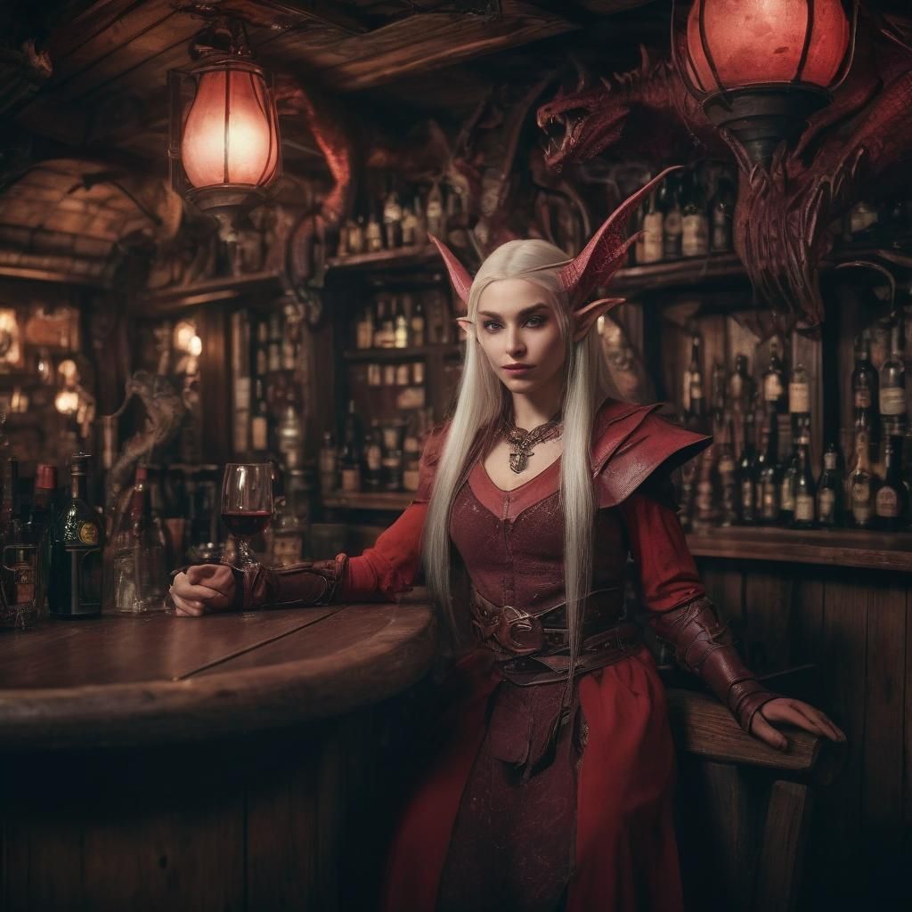 Elven Rogue Relaxing in Wine Bar: Cinematic Film Still