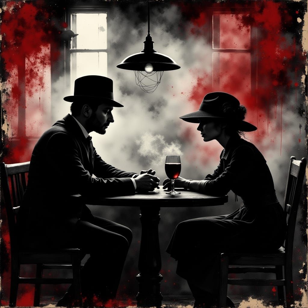 Monochrome Pub Scene with Crimson Accents