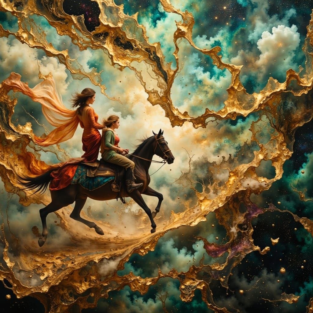 Cowboy and Lady on Flying Carpet in Hyperrealistic Dreamscap...