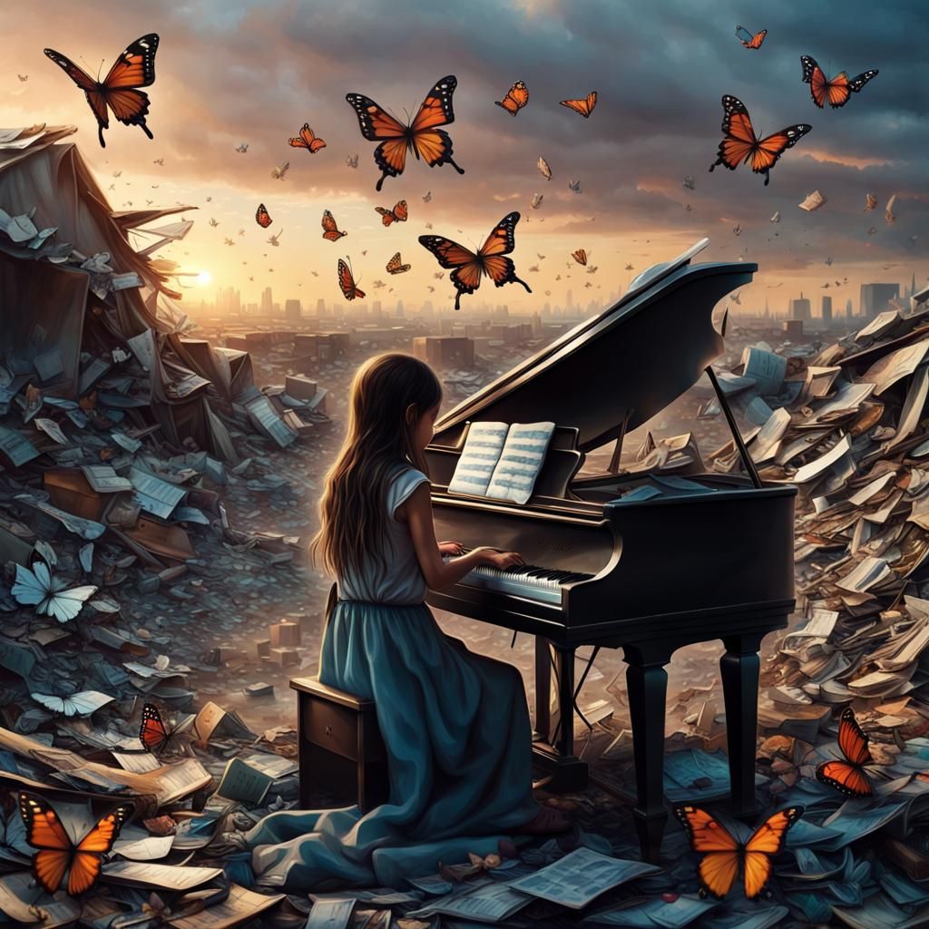 Homeless Girl Plays Piano in Junkyard: Hyperrealistic Photo