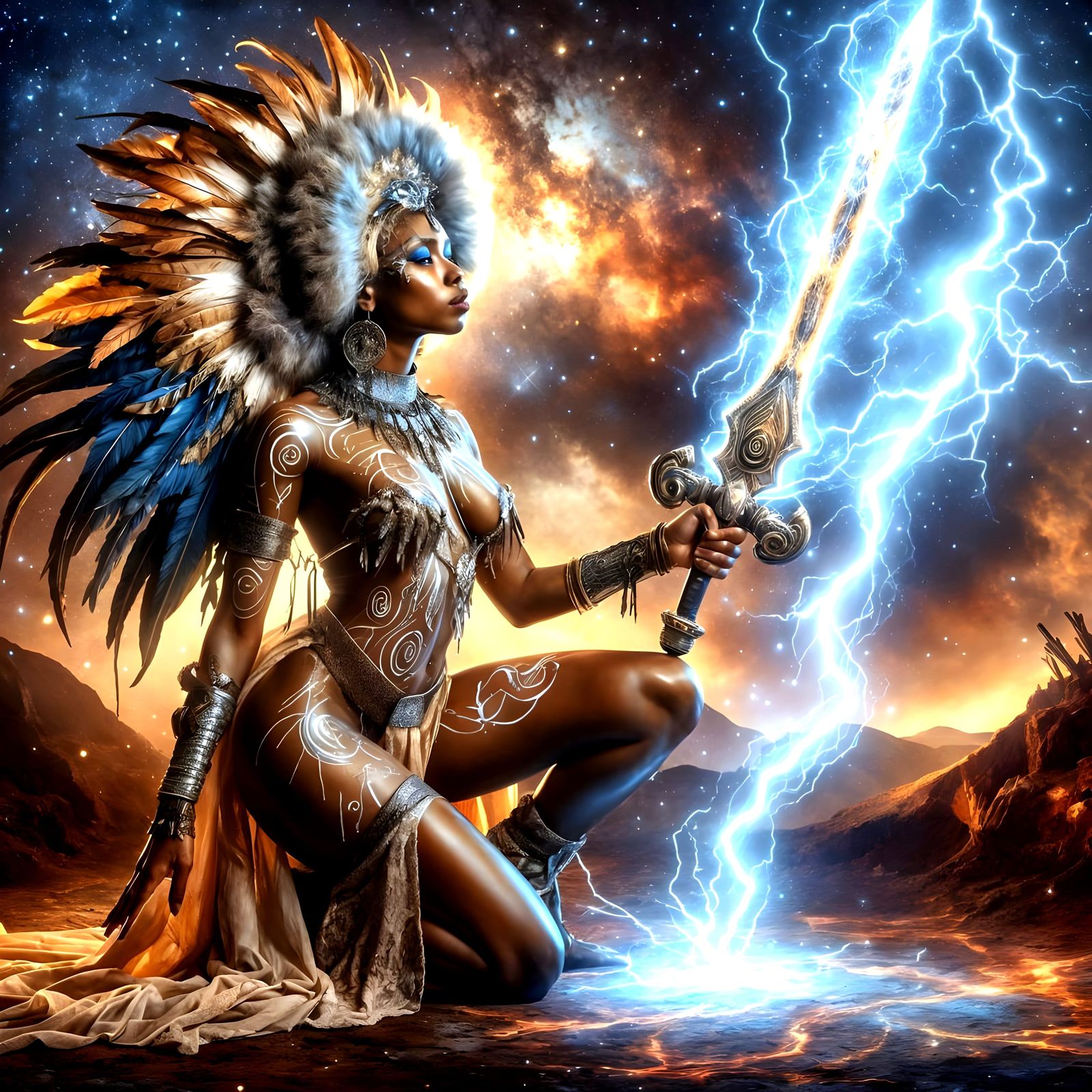 Divine Afro-Latinx Woman with Lightning Blade in Tribal Art