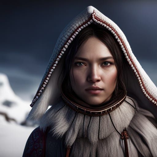 Intricate Inuit Girl in Winter Landscape