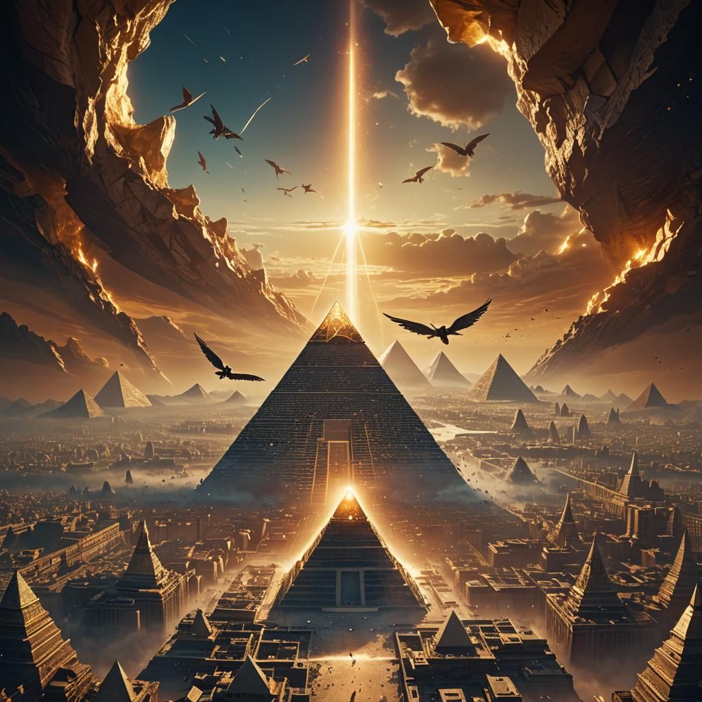 Winged Being Gazing at Crystalline Pyramid City