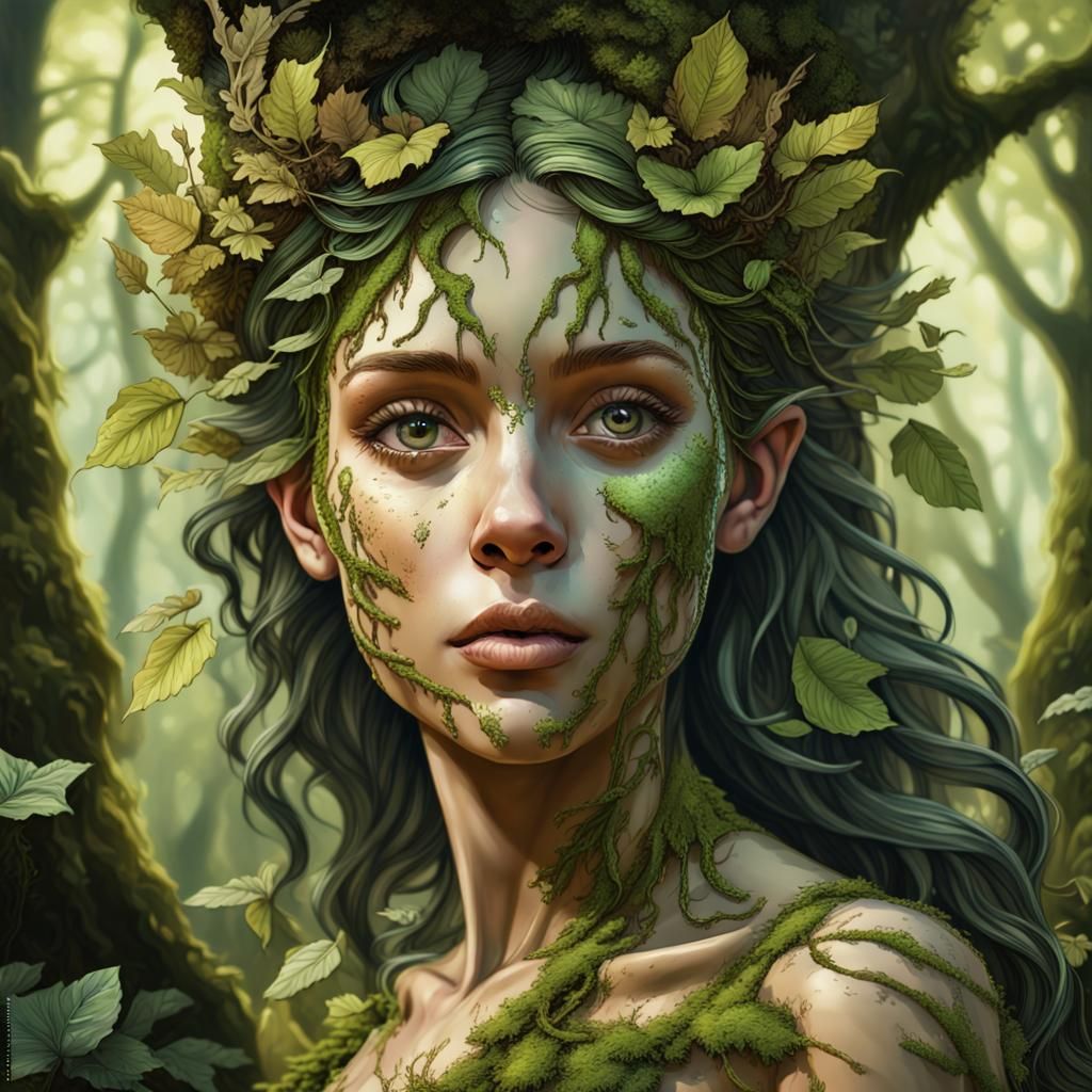Dryad Emerges from Tree in Hyperrealistic Splash Art