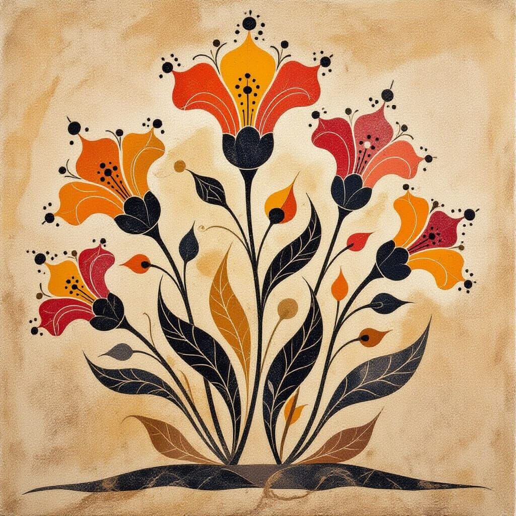 Luminous Fantasy Flowers in Neolithic Rock Art Style