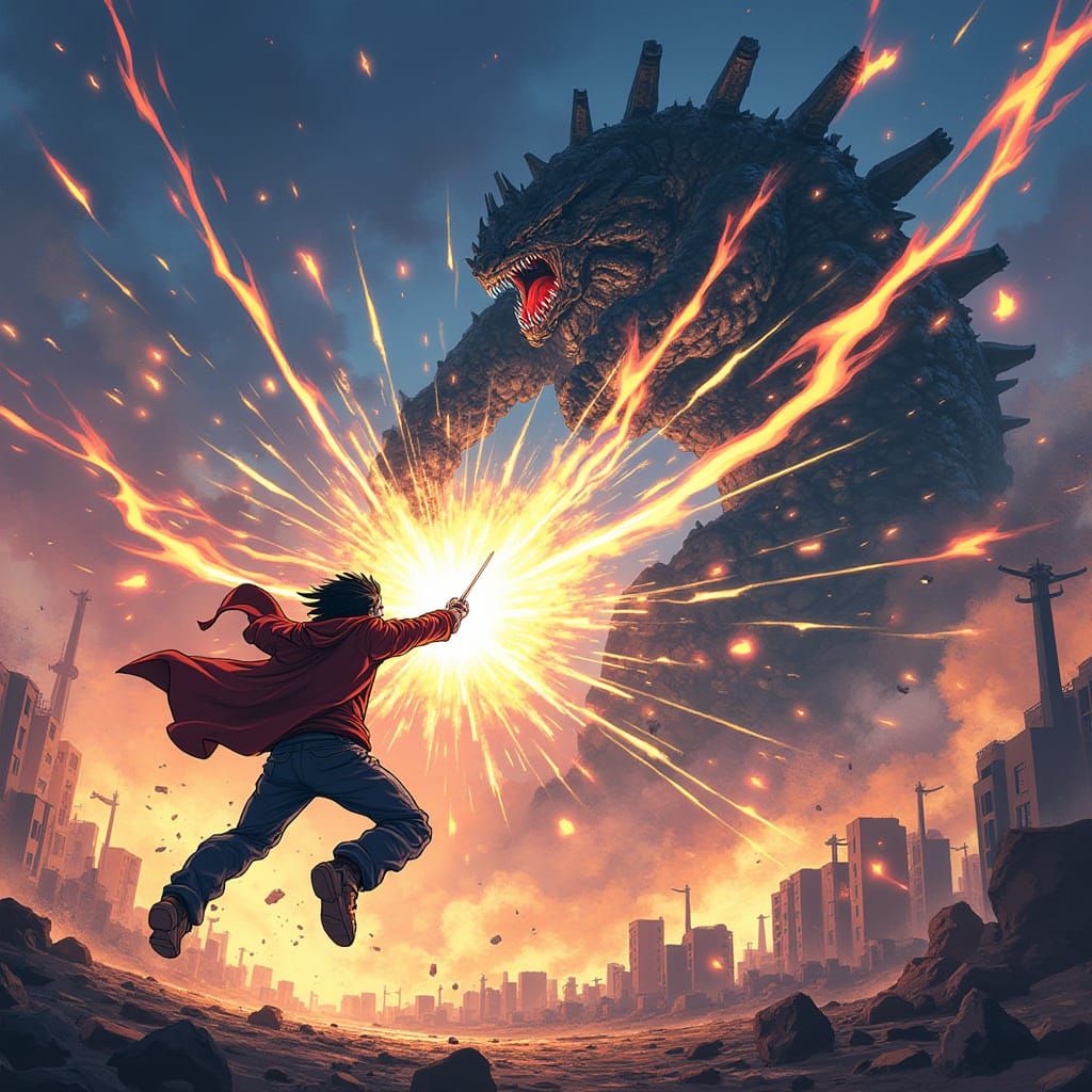 Anime Warrior Battles Giant Mecha Kaiju in Cityscape