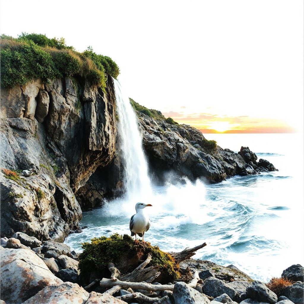 Surreal Coastal Waterfall in Stylized Watercolour