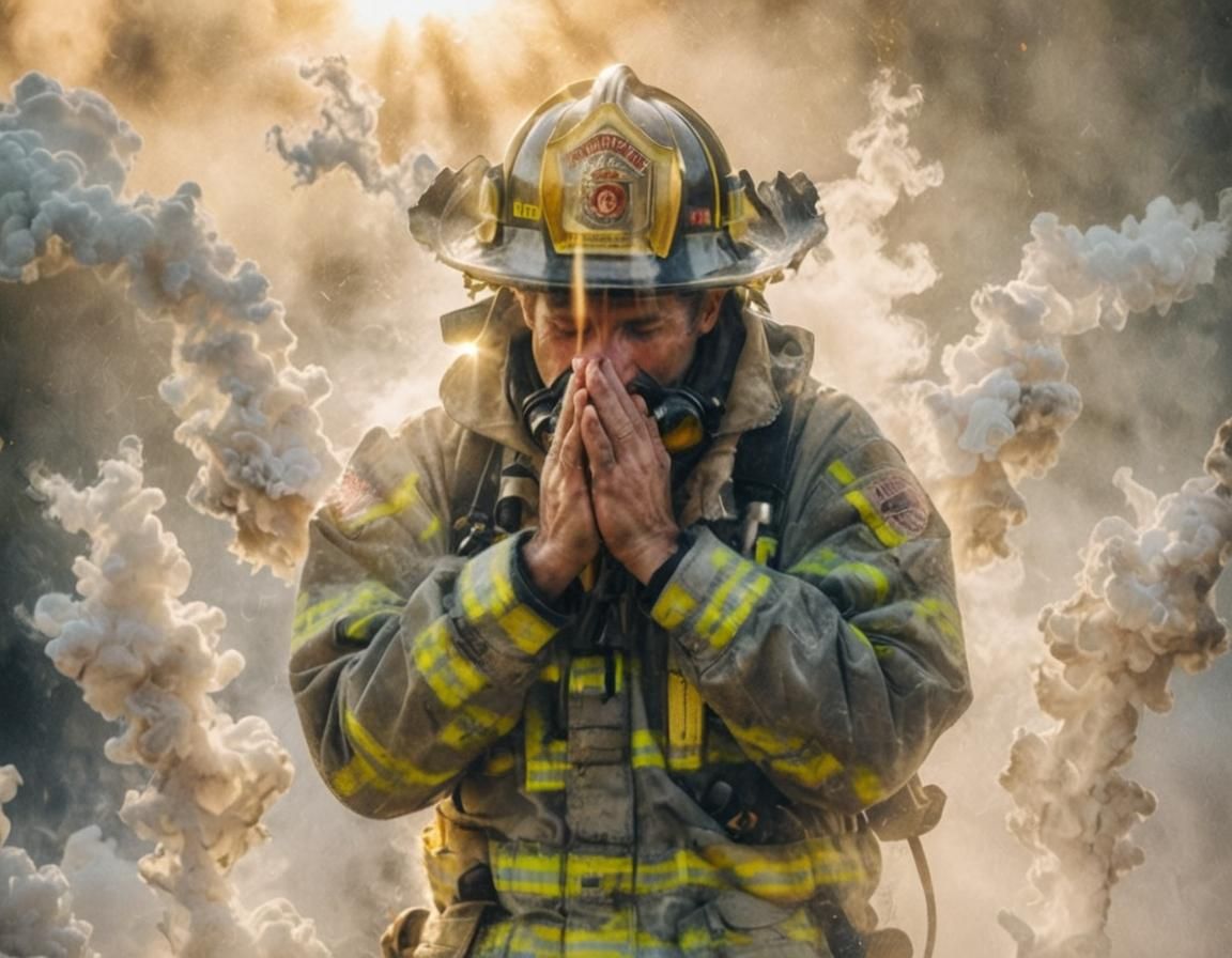 Ethereal Fireman in Prayer: Soft Focus Photography