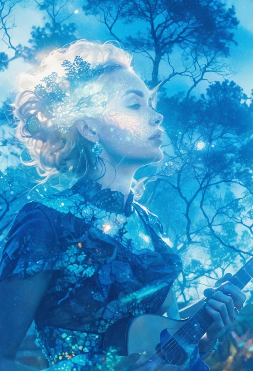 Surreal Double Exposure Portrait with Bioluminescent Eyes