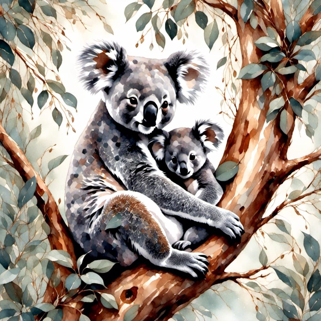 A mother Koala and her  Joey in a Eucalyptus tree
