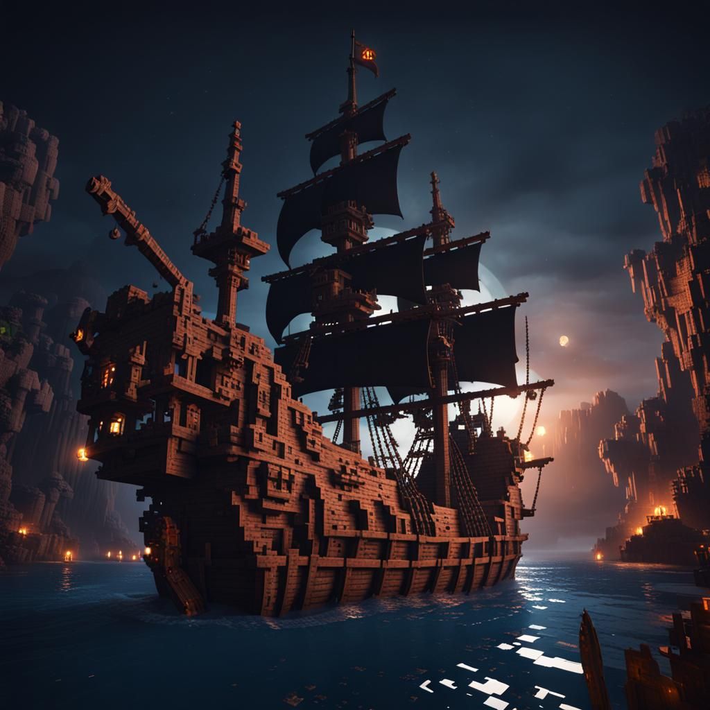 Dark Minecraft Pirate Ship on a Spooky Sea