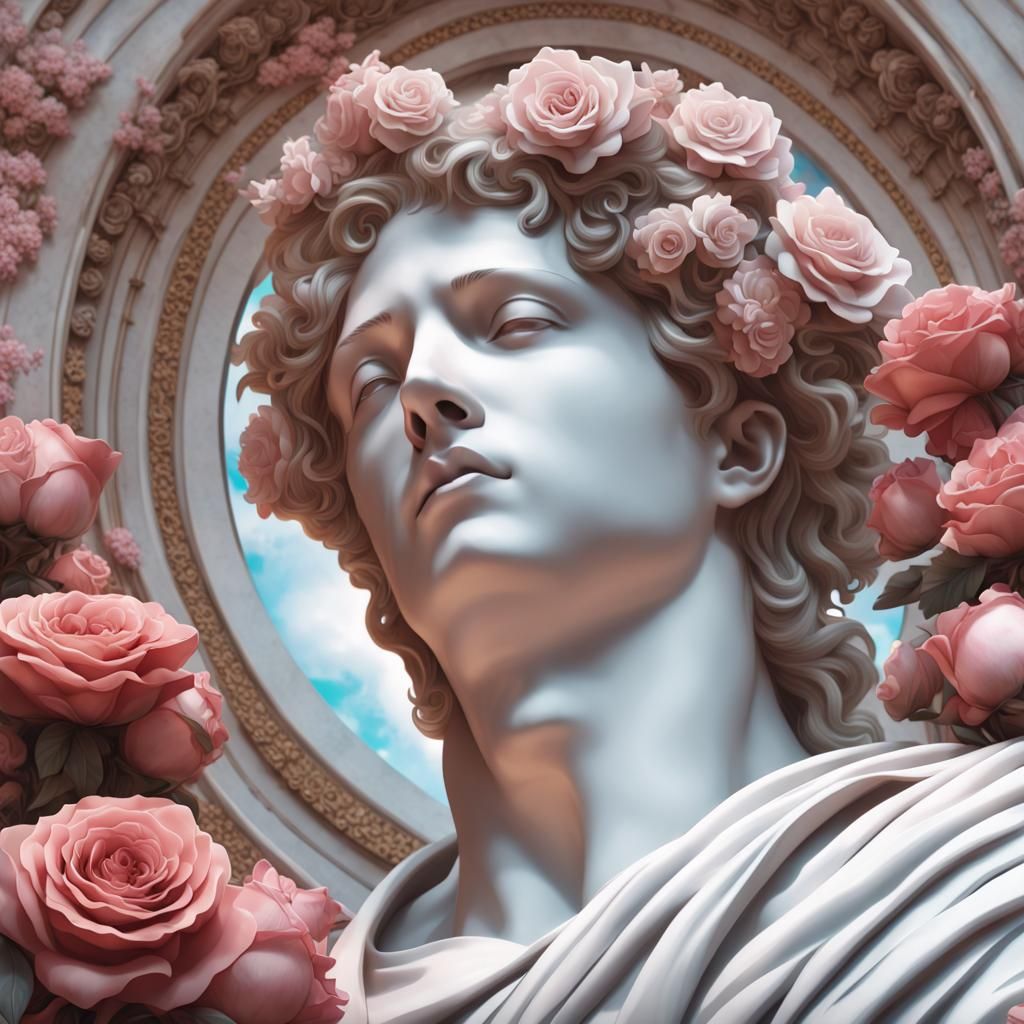 Statue with Flowers and Rose Portal in Digital Art