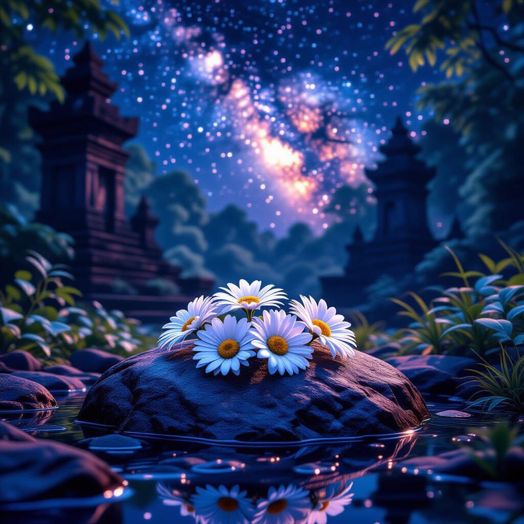 Daisy Flowers and Ancient Ruins in Digital Art