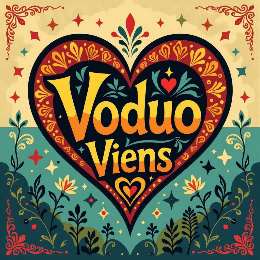 Haitian Heart Symbol with Voduo and Viens in Folk Art Style